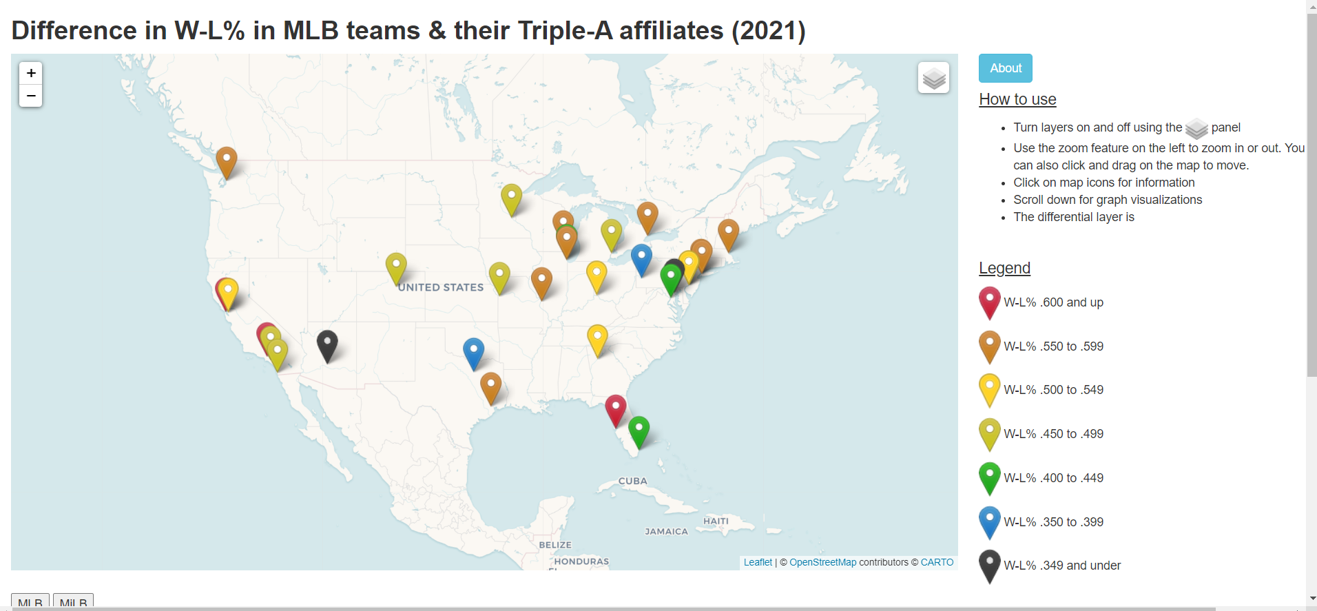 Screenshot of Difference in W-L% in MLB teams and their Triple-A affiliates map